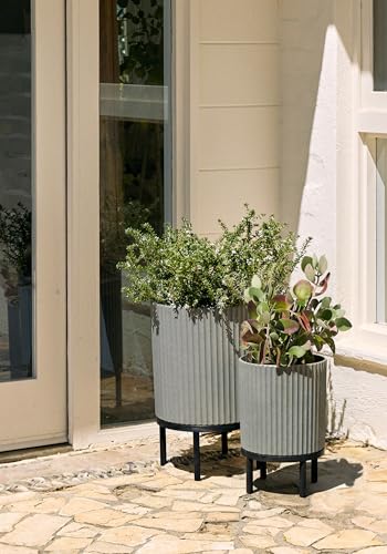 Image of Veradek Demi Series Raised Duo Planters - Set of 2 Planters with Stands | Made From a Durable Plastic-Stone Composite & Comes With Wooden Stand. Modern Porch /Patio Decor