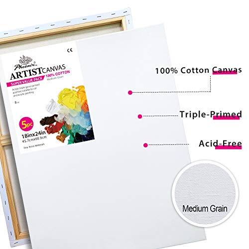 Phoenix Stretched Canvas For Painting 18X24 Inch/5 Value Pack, 8 Oz Triple Primed 5/8 Inch Profile 100% Cotton White Blank Canvas, Large Framed Canvas For Oil Acrylic & Pouring Art #TOP2