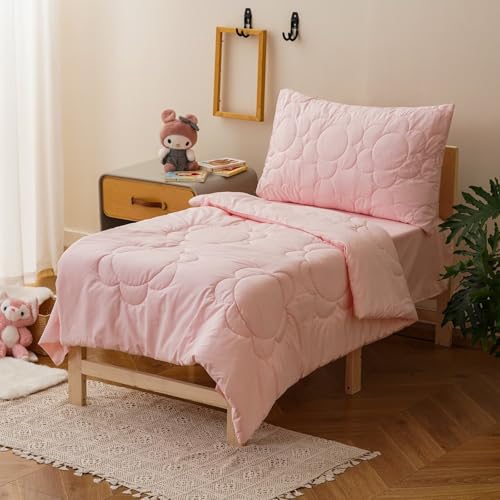 Image of CLOTHKNOW 4Pieces Pink Toddler Bedding Sets for Girls | Soft, All Season, Kids Comforter, Blush Comforter Sets, Blush Daisy Puff Bedding, Crib Bed Sets