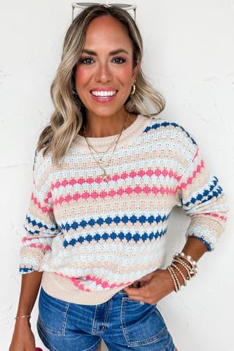 Ecosunny Womens Sweaters Casual Round Neck Long Sleeve Stripe Eyelet Patterned Drop Shoulder Sweater Lightweight Pullover Top3