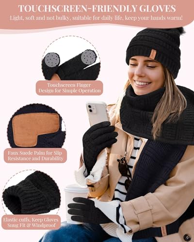 Womens Winter Beanie Hat Scarf Gloves Set, Cute Pom Pom Beanie with Warm Fleece Lined Long Knit Neck Scarf Touchscreen Gloves, 3 Piece Set for Cold Weather(Black) - Image 4
