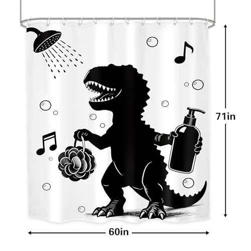 Image of Kids Funny Dinosaur Shower Curtain Bathroom Set 60Wx71H Inches Singing Dino Animal Taking Shower Cartoon Black and White Bubbles Bath Accessories Children Art Home Decor Fabric 12 Pack Hooks