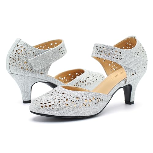 Image of Women's Comfortable Mary Jane Pumps Vintage Cutout Closed Toe Kitten Heels for Dressy Office Work