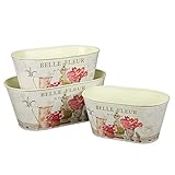 This decorative set of 3 oval planters is carefully crafted from metal and will bring ambience to any romantic setting. The planters are finished in an antique cream colour with a slight gold brush effect. The picture shows a lovely array of Belle Fleur flowers. They are also a novel packing idea for that small gift or even filled with sweets.