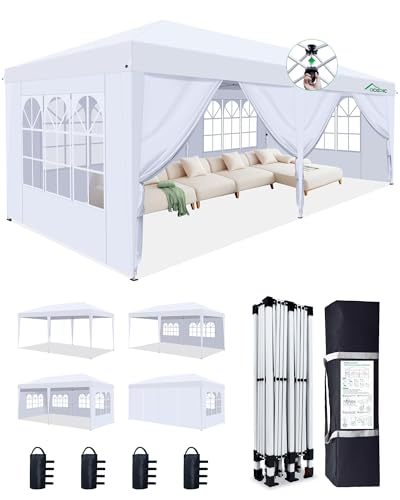 Acepic 10x20 Pop Up Canopy with 6 Removable Sidewalls, 2 Central Lock Easy Set-up Outdoor Party Tent with Top Vent, Commercial Tent, Stakes x8, Ropes x4, Hand Bag x1, Sandbags x4 (White, 10 * 20)