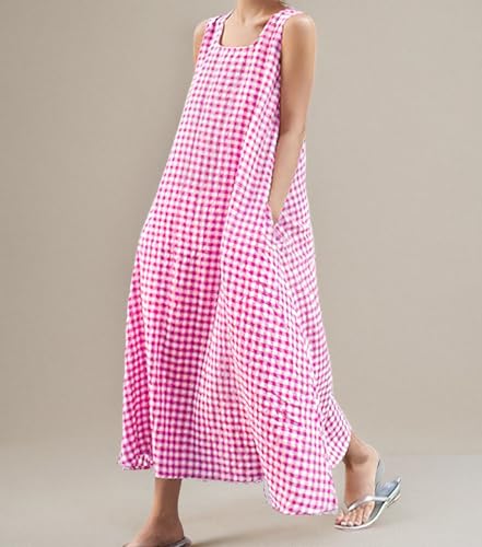 Image of chouyatou Women's Summer Casual Loose-Fit Cotton Plaid Tank Maxi Dress with Pockets Boho Beach Sundress