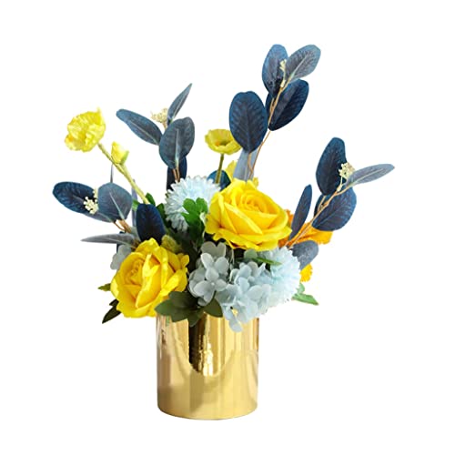 Ramo de flores artificiales, flores falsas, ramo de flores artificiales de seda de alta gama, jarrón de cerámica dorado, adecuado para la decoración del hogar, Navidad, decoración de mesa de boda