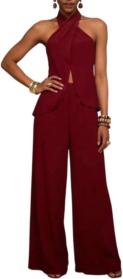 Women High Street Sleeveless Hanging Neck Backless Hollow Loose Two Piece Suit Sets