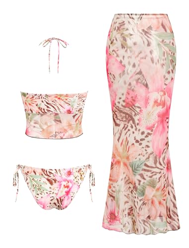Image of ZAFUL Women 3 Piece Bikini with Cover Up Skirt Halter Bandeau Swimsuit Floral Tie Side Cheeky Bathing Suit