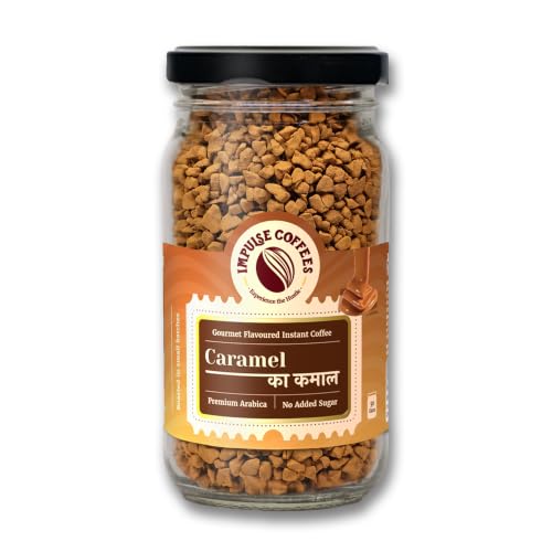 Image of Impulse Coffees Caramel Ka Kamaal Instant Coffee Powder | Sweet Caramel Flavour with Creamy Aftertaste & Indulgent Toffee Aroma | No Added Sugar Flavoured Coffee Powder for Cafe-Style Brews | 50 Gms
