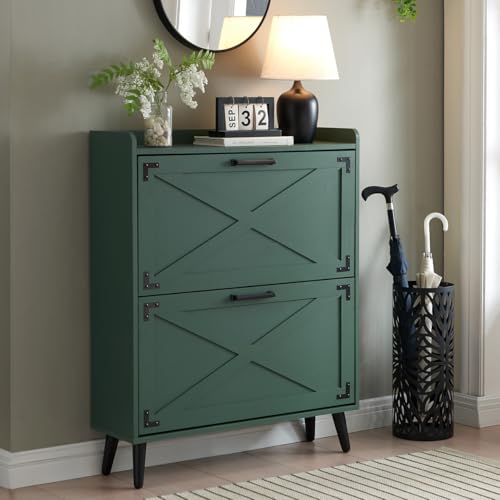 Shoe Storage Cabinet,Farmhouse Shoe Organizer with 2 Flip Drawers & Barn Door Design,Freestanding Hidden Slim Narrow Shoe Rack Cabinet for Entryway,Foyer,Hallway,Green Green 2-Drawers