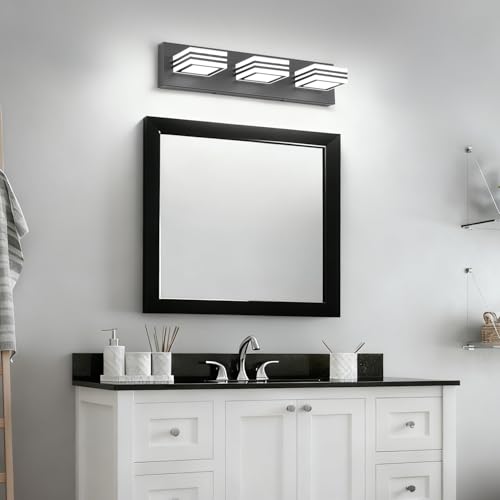Image of SOLFART LED Bathroom Vanity Light Fixtures: 3 Light Matte Black Modern Acrylic Bathroom Wall Lighting Fixtures Over Mirror Cool White 6000K