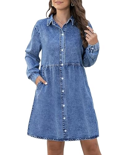 Image of Denim Dress for Women 2026 with Pockets Short Sleeve Jean Dresses for Women