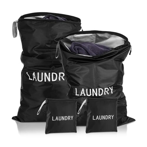 TranRantic 4 Piezas Bolsa Ropa Sucia Viaje, Bolsas para Ropa Sucia Impermeables, Tres Tamaños, Laundry Bag Reutilizables con Cremalleras Plegable para Viajar Vacaciones Familiares (Negro)