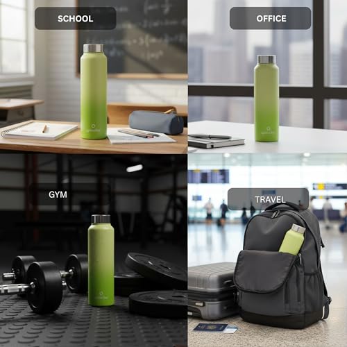 Image of Speedex Stainless Steel Water Bottle 1 Ltr, Leak Proof Screw Cap, BIS Approved 1000 ml Metal Bottle For Daily, Office, School, Gym, Travel Use for Men, Women, Kids, Adults, Lime Green, Set of 2