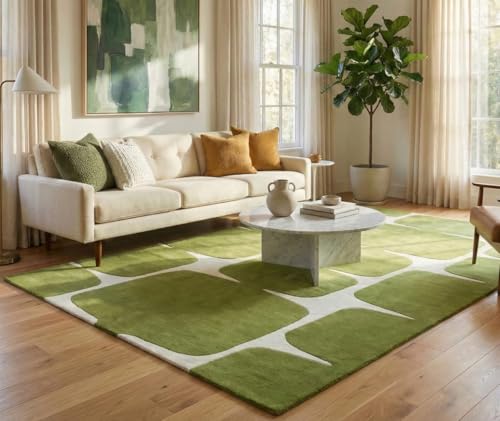Hand Tufted Wool Geometric Green Rug | Bold Grid Pattern
