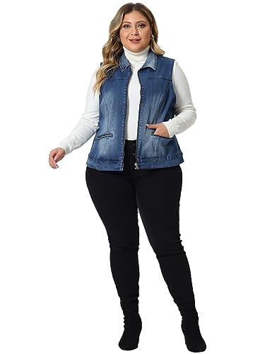 Agnes Orinda Plus Size Denim Vest for Women Sleeveless Classic Washed Zip With Pockets Denim Jackets3