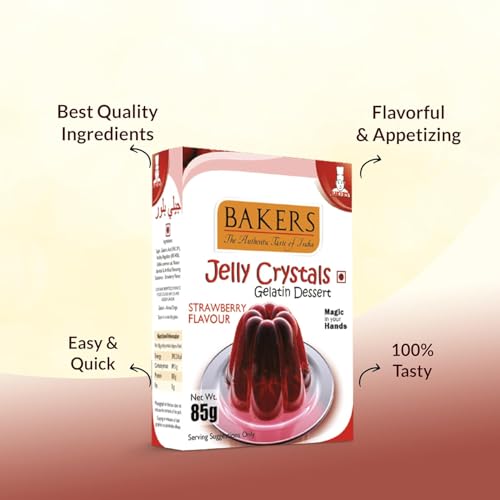Image of BAKERS Jelly Crystals (Gelatin Dessert) | Strawberry Flavour | Authentic Strawberry Flavor | Easy-to-make | Instant Dessert Premix | No Sugar Needed | Pack of 4 (85 gm x 4)
