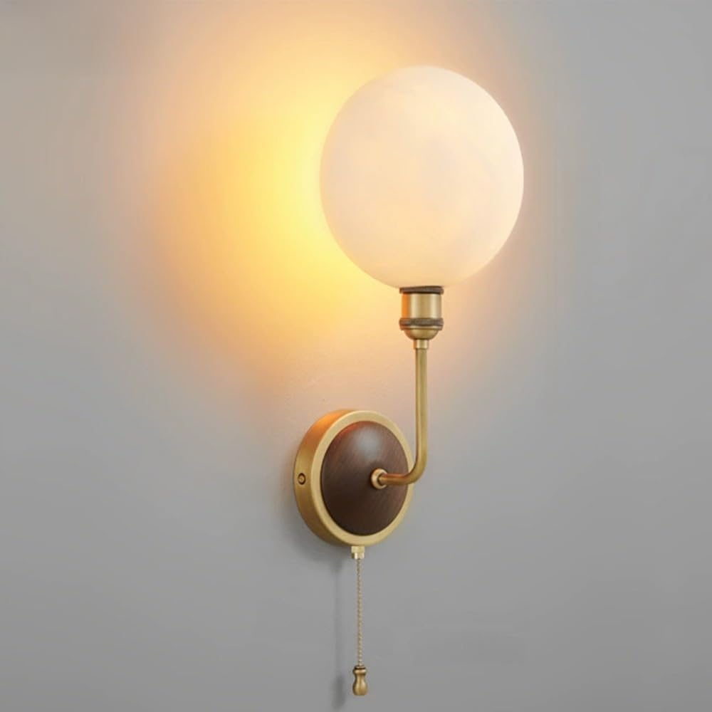 SMCCYYSD Vintage Ceramic Globe Wall Sconce, Brass Base with Pull Chain, Hardwired Vanity Light Fixture, Indoor Bedside Lamp Retro Decor for Living Room, Stairwell, Fireplace, Foyer