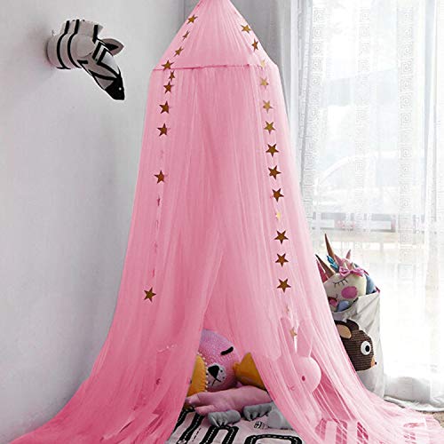 Image of Jolitac Princess Bed Canopy, Room Decor Round Lace Mosquito Net Play Tent Reading Nook Canopies Yarn Dome Netting Castle (Rose)