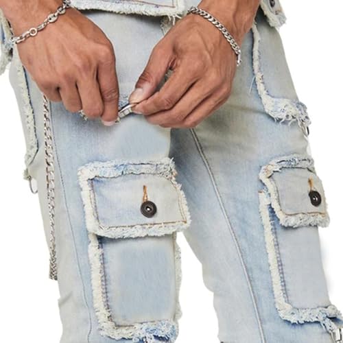 Men's Stacked Stretch Jeans Ripped Skinny Streetwear Cargo Pants Fashion Distressed Drawstring Waist Multi-Pocket4