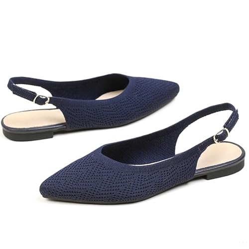 Slingback Flats For Women Pointed Toe Knit Ballet Flats Comfortable Breathable Adjustable Ankle Buckle Dressy Flats For Party Prom Dance