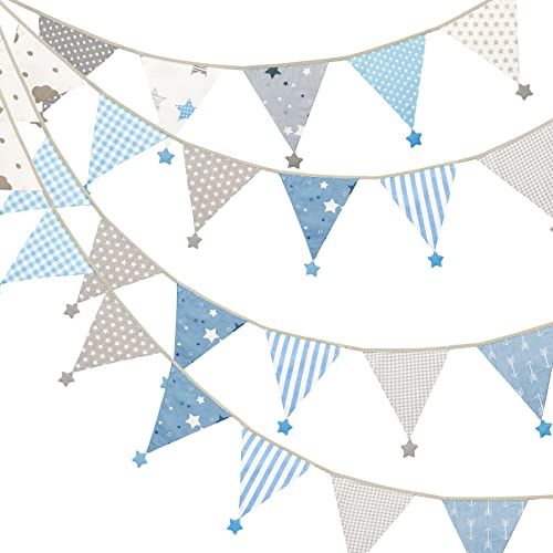 jijAcraft Doble Cara Banderín de Tela con Estrellas, 4M/12 Lados Azul Guirnalda Triangulos Tela, Banderines Tela Multicolor para Decorar la Habitación de Los Niños Fiesta de Cumpleaños
