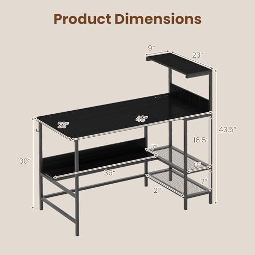 Image of Tangkula 48 inch Reversible Computer Desk with Bookshelves, Home Office Desk with Power Outlets, Hook and Storage Shelves, Writing Study Desk for Living Room, Study Room, Office (Black)