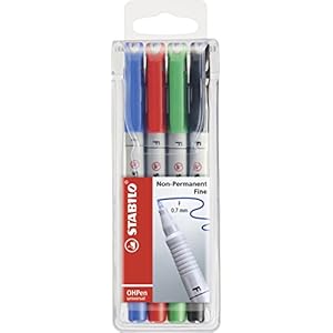 Overheadstift – STABILO OHPen universal – wateroplosbaar fijn – 4 stuks – groen, rood, blauw, zwart