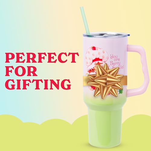 Image of Silver Buffalo Strawberry Shortcake You Are Berry Special Vintage Pink and Green Ombre Double Walled Stainless Steel Tumbler with Handle and Straw, Fits in Standard Cup Holder, 40 Ounces