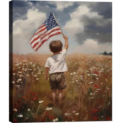 Image of Framed Patriotic American Flag Wall Art, USA Canvas Art Pictures, Red White Blue Wall Decor, Made in USA Ready to Hang for Living Room Bedroom Office Man Cave