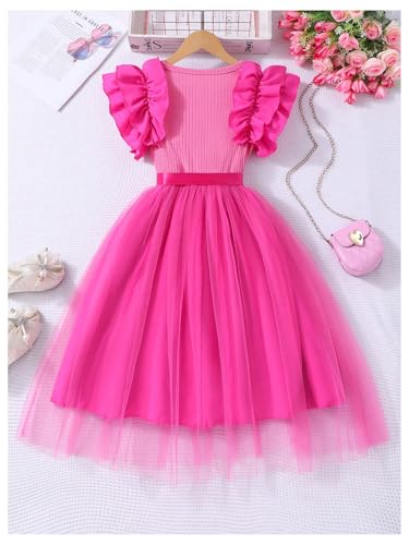 OYOANGLE Girl's Ruffle Cap Sleeve Belted Mesh Short Dress Party Flower Girl Dresses2