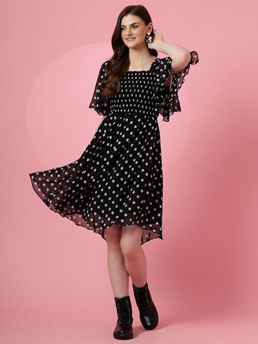 Image of Sheetal Associates Women's Fit and Flare Polka Print Georgette Flared Sleeve Casual Dress