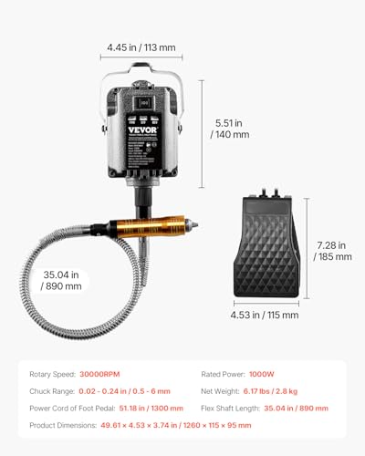 Image of VEVOR Flex Shaft Grinder, 1000W 30,000RPM Electric Flex Shaft Rotary Tool Carver, Multi-functional Hanging Grinding Machine with 31PCS Accessories & Foot Pedal for Carving Buffing Drilling Polishing