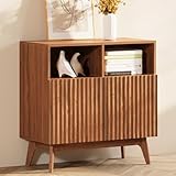 Concho Fluted Storage Cabinet Walnut, Modern Buffet Sideboard with Storage, Accent Cabinet with Solid Wood Legs, Console Table with Doors and Shelves, Credenza for Living Room, Hallway, Entryway