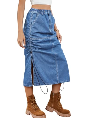 chouyatou Women's Vintage Washed Cargo Skirt A-Line Adjustable Midi Long Denim Jean Skirt with Drawstring