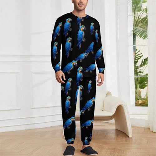 Blue Macaw Tropical Parrots Men's Crew Neck Pajama 2 Piece Set Long Sleeve Loungewear Top and Bottom2