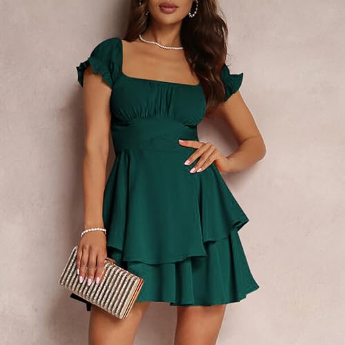 Image of Women Summer Boho Ruffle Short Dress Square Neck Layered Flowy Swing Solid Color Casaul Sun Beach Mini Dresses