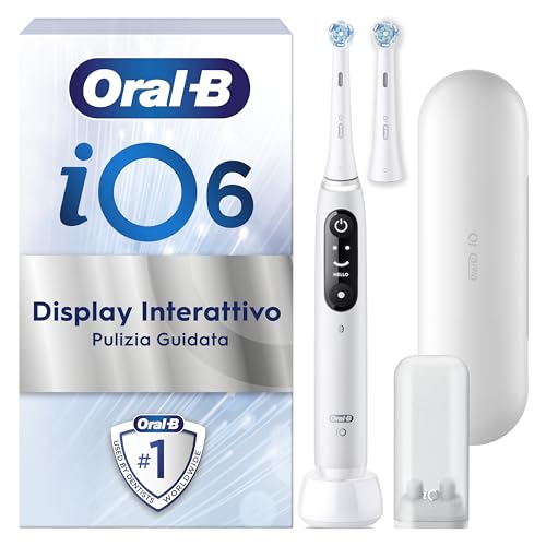 Oral-B Spazzolino Elettrico Ricaricabile iO 6N, Sensore di Pressione, Display Interattivo, Intelligenza Artificiale, 2 Testine, 1 Spazzolino, 1 Custodia da Viaggio, Bianco, Idea Regalo