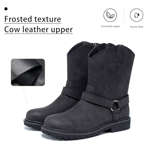 Men's Motorcycle Leather Boots - Black Waterproof Low Heeled Riding, Bicycle, Wide Calf Cowboy, and Hiking Boots3