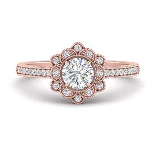 Image of 55Carat Choose Your Gemstone Milgrain Floral Halo Diamond CZ Ring Rose Gold Plated Round Shape Halo Engagement Rings Everyday Jewelry Wedding Jewelry Handmade Gifts for Wife US Size 4 to 12