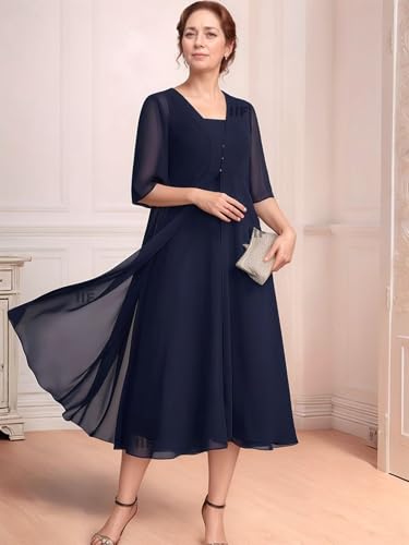 2 Pieces Mother of The Bride Dresses for Wedding Square Neck Chiffon Ruffle Formal Wedding Guest Dresses3