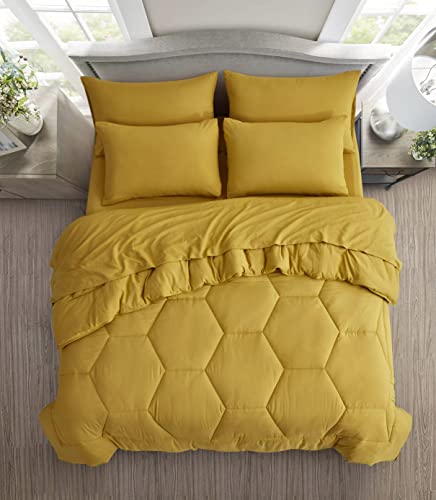 Chezmoi Collection Piper Full Bed In A Bag 7-Pieces Honeycomb Hexagon Quilted Soft Washed Double Brushed Microfiber Comforter With Sheets Lightweight All Season Bedding Set (Full, Mustard Yellow) #TOP1