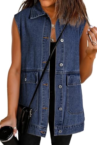 Dokotoo Womens Fashion 2025 Casual Denim Vest Oversized Mid Long Jean Vest Sleeveless Jean Jacket Shacket with Pockets