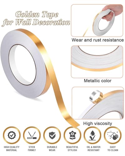 Golden Strips for Wall, 50 Meters Golden Tape for Wall Decoration, Mildewproof and Waterproof, Self Adhesive Tiles Stickers for Floor, Gold Tape Trim Strip for Ceiling Floor Cabinet Tile Edge Moulding