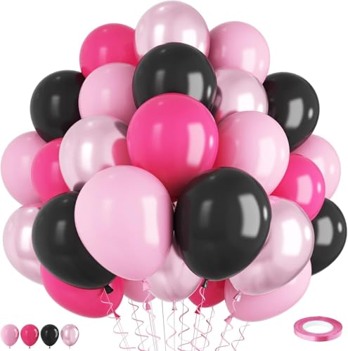 Image of Pink and Black Balloons, 60PCS Hot Pink Black Balloon Set, 12Inch Pastel Light Rosa and Metallic Latex Balloons for Girls Women Princess Birthday Bachelorette Baby Shower Beauty Party Decorations