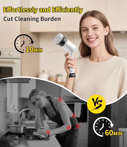 Image of Electric Spin Scrubber, Cordless Household Cleaning Brush with 6 Replaceable Heads, 3 Speeds, LED Display, Lightweight Handheld Power Scrubber for Cleaning Stove /Bowl /Sink /Corner /Tile /Grout-White