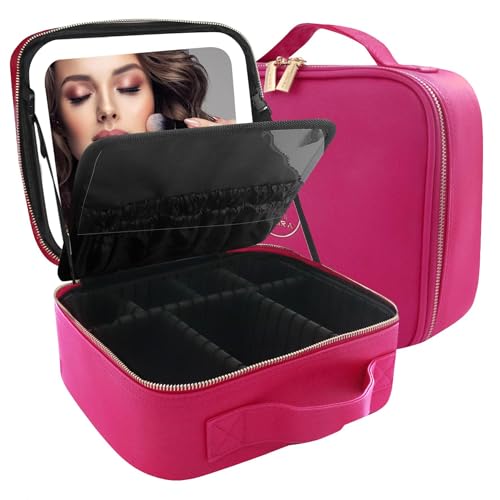 MOMIRA Travel Makeup Bag Cosmetic Bag Makeup Organizer Bag with Lighted Mirror, Adjustable Brightness in 3 Color Scenarios, Waterproof Makeup Train Case, Gift for Women - Rose Red Rose red S