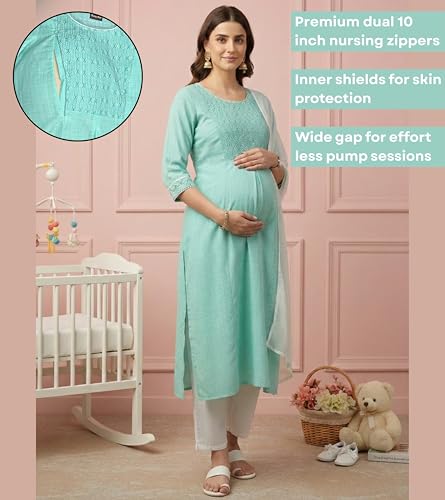 Image of DUMMY SHAPE Feeding Kurta Set for Women Cotton Blend | Floral Embroidered Pregnancy Kurta Pant Dupatta with Nursing Zippers | Pre & Post Partum | Maternity Dresses | Mom to Be Gifts