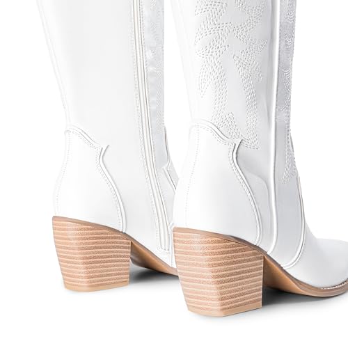 DREAM PAIRS Womens Cowboy Boots Wide Calf Comfortable Pull On Zipper Chunky Heel Pointed Toe Embroidered Western Cowgirl Knee High Boots Ladies Retro Tall Boot,Size 7.5,White,SDKB224W
